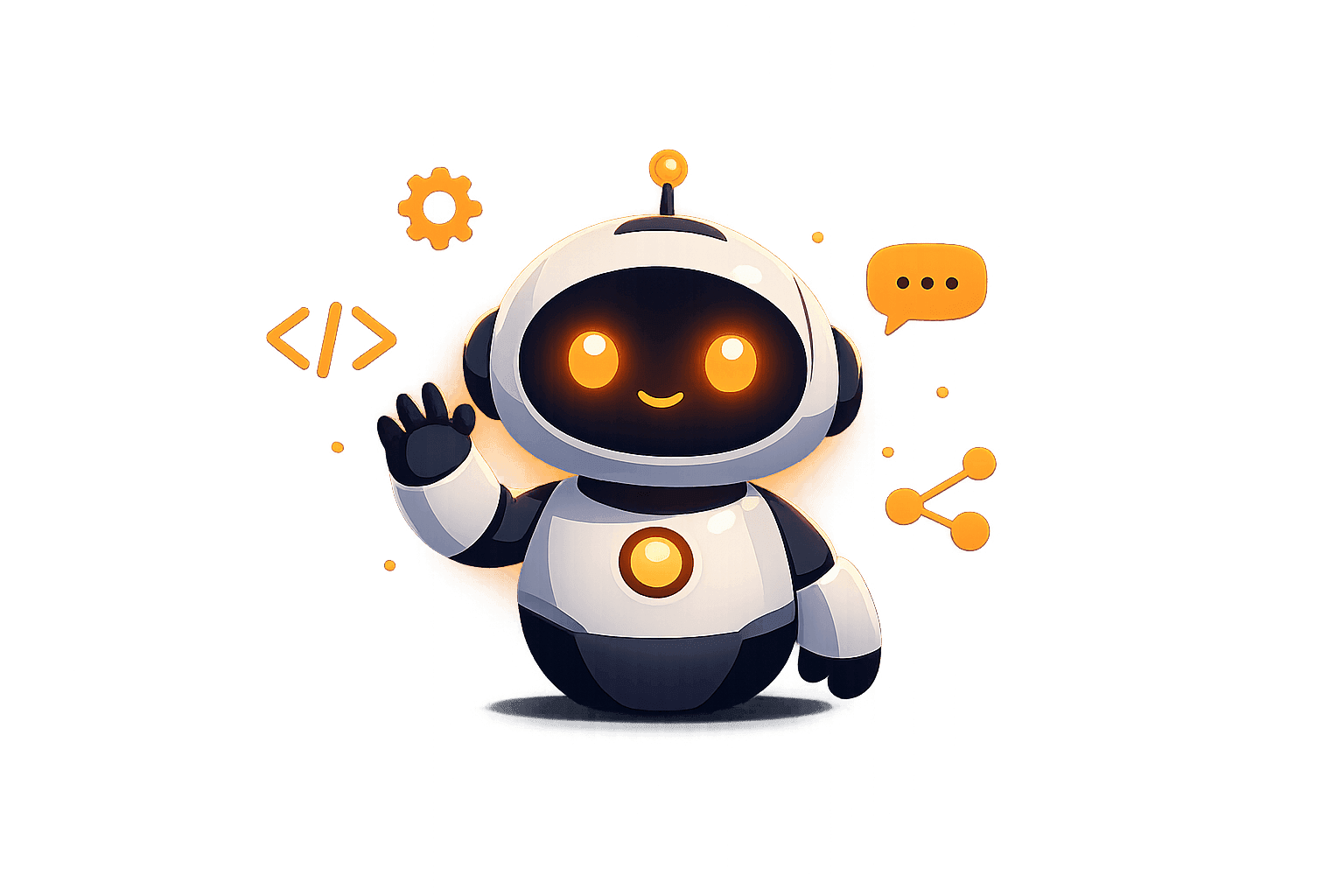 Friendly AI bot mascot waving, surrounded by code, chat, and data icons